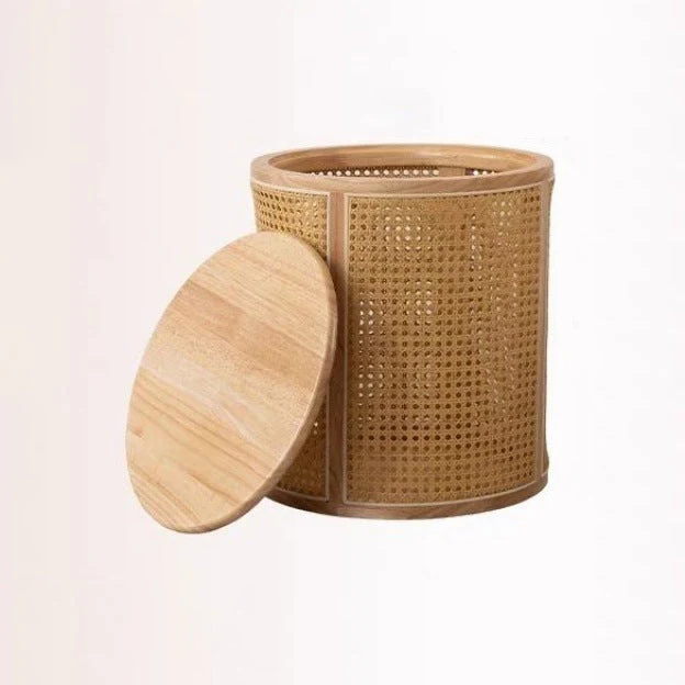 Traditional Japanese Weaving Round Cylinder Rubberwood Plastic Rattan End Table 1-Storage With Cover For Living Room