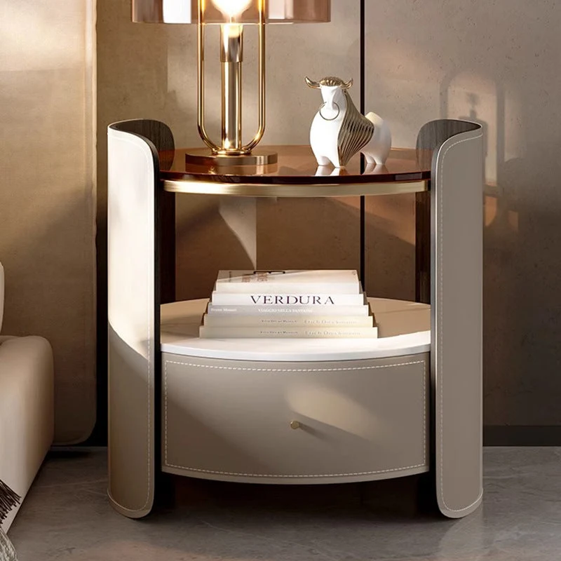 Modern Luxury Round Saddle-Style Faux Leather Glass Plywood Nightstand 1-Drawer For Bedroom