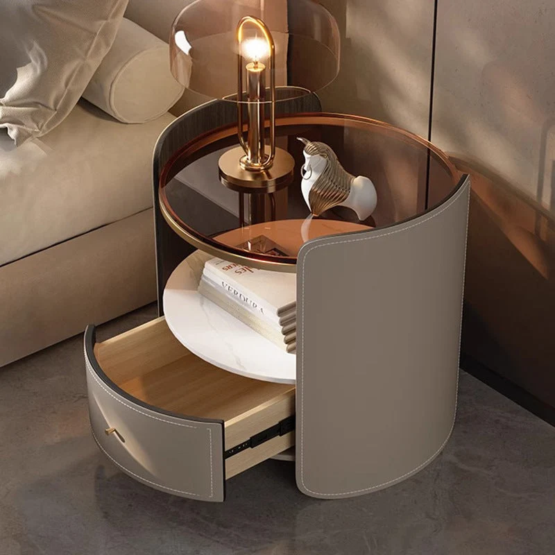Modern Luxury Round Saddle-Style Faux Leather Glass Plywood Nightstand 1-Drawer For Bedroom