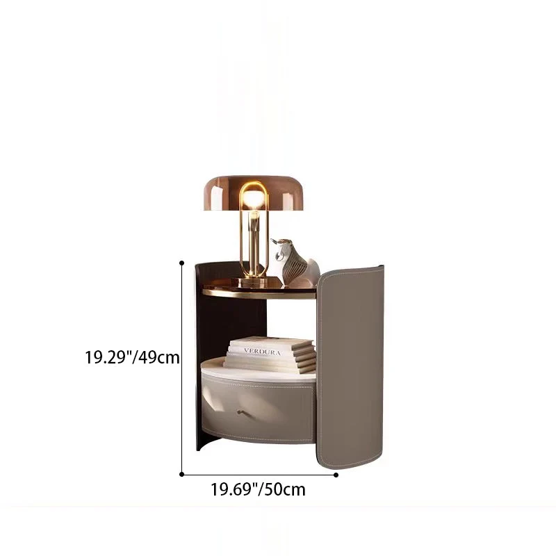 Modern Luxury Round Saddle-Style Faux Leather Glass Plywood Nightstand 1-Drawer For Bedroom