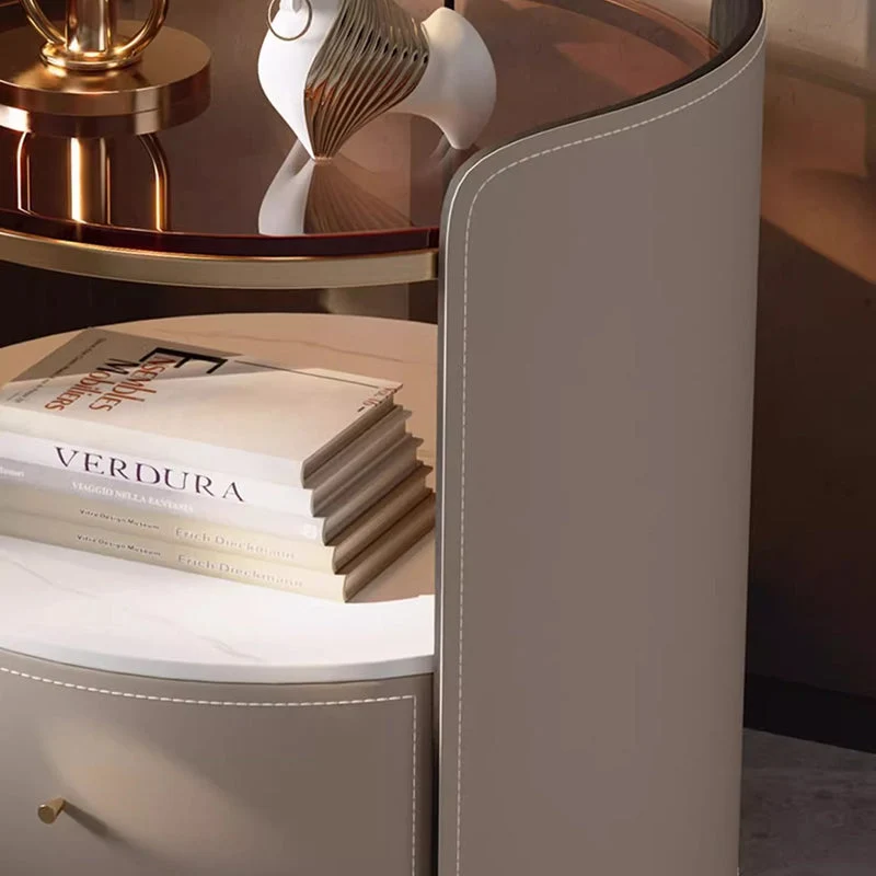 Modern Luxury Round Saddle-Style Faux Leather Glass Plywood Nightstand 1-Drawer For Bedroom