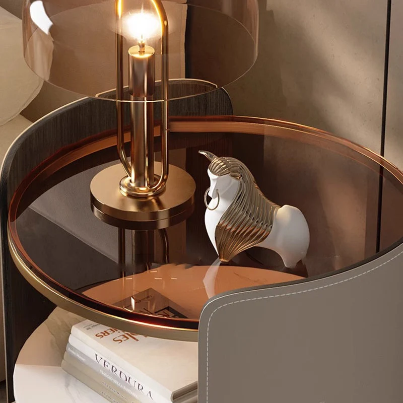 Modern Luxury Round Saddle-Style Faux Leather Glass Plywood Nightstand 1-Drawer For Bedroom