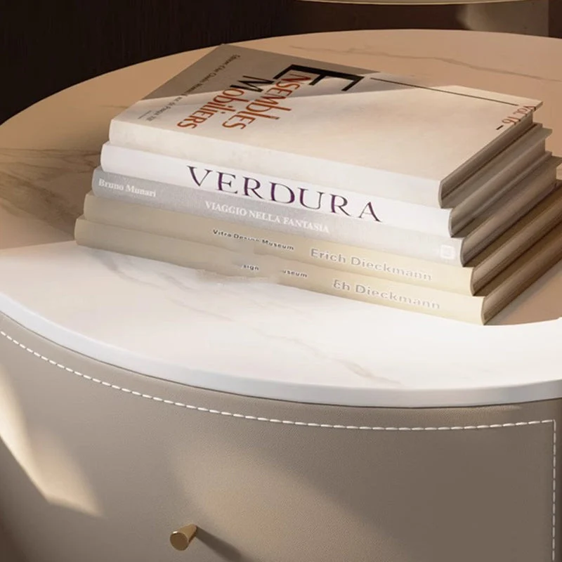 Modern Luxury Round Saddle-Style Faux Leather Glass Plywood Nightstand 1-Drawer For Bedroom