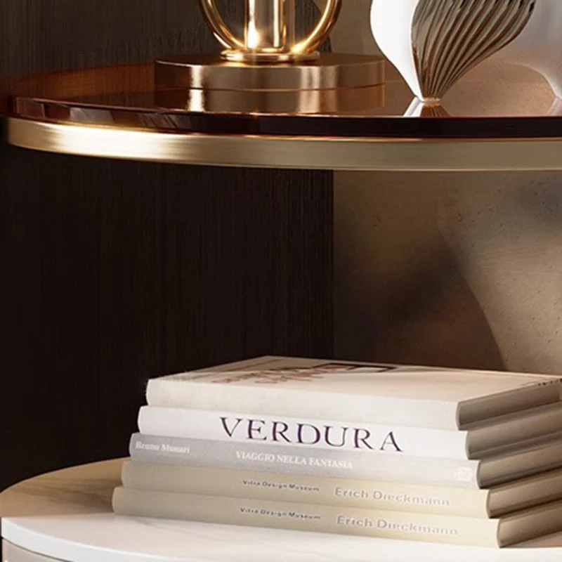 Modern Luxury Round Saddle-Style Faux Leather Glass Plywood Nightstand 1-Drawer For Bedroom