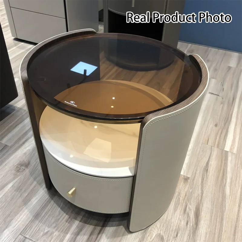 Modern Luxury Round Saddle-Style Faux Leather Glass Plywood Nightstand 1-Drawer For Bedroom