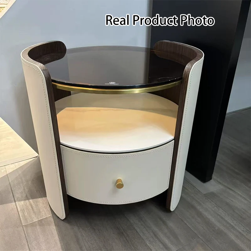 Modern Luxury Round Saddle-Style Faux Leather Glass Plywood Nightstand 1-Drawer For Bedroom