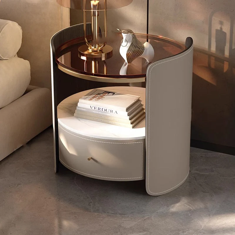 Modern Luxury Round Saddle-Style Faux Leather Glass Plywood Nightstand 1-Drawer For Bedroom