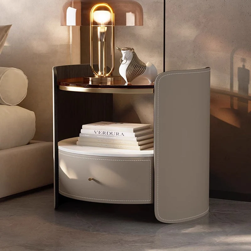 Modern Luxury Round Saddle-Style Faux Leather Glass Plywood Nightstand 1-Drawer For Bedroom
