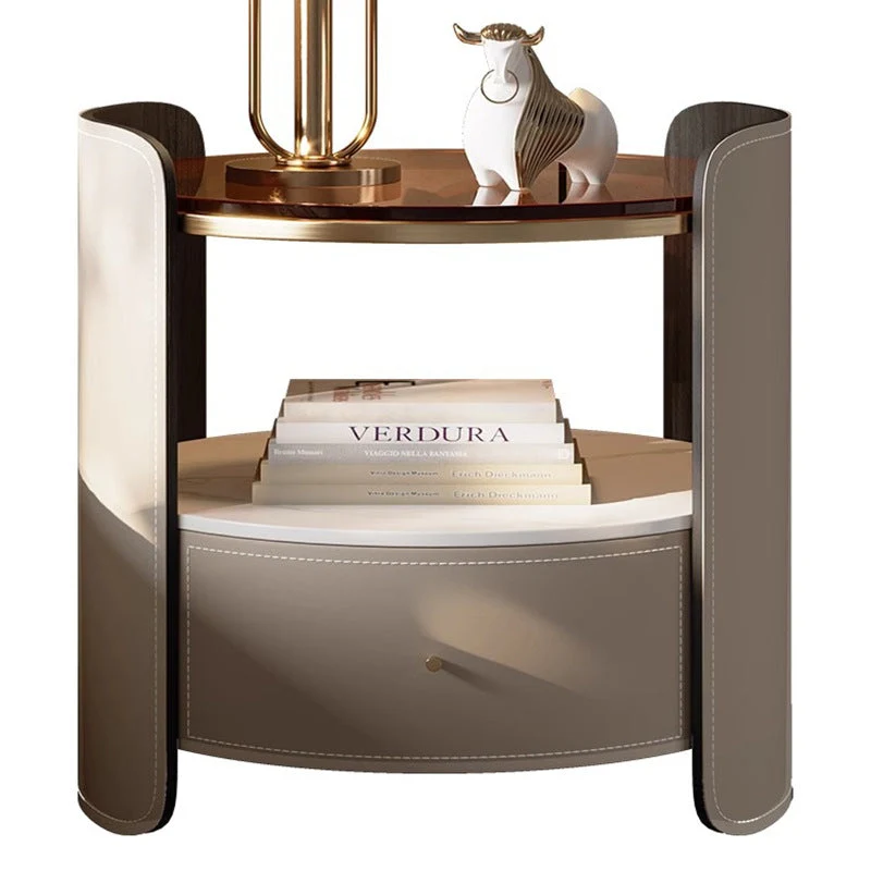 Modern Luxury Round Saddle-Style Faux Leather Glass Plywood Nightstand 1-Drawer For Bedroom