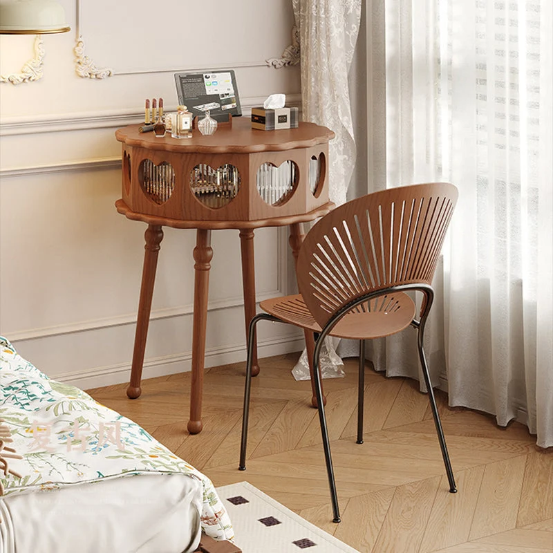 Traditional Vintage Flower Round Rubberwood Glass Plywood Makeup Vanity 1-Storage For Bedroom