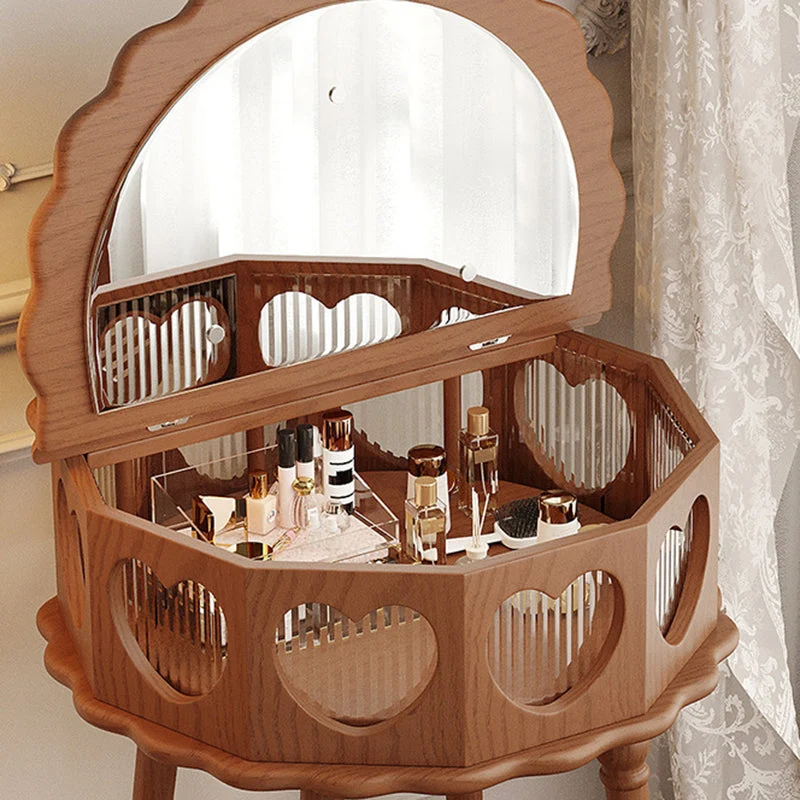 Traditional Vintage Flower Round Rubberwood Glass Plywood Makeup Vanity 1-Storage For Bedroom