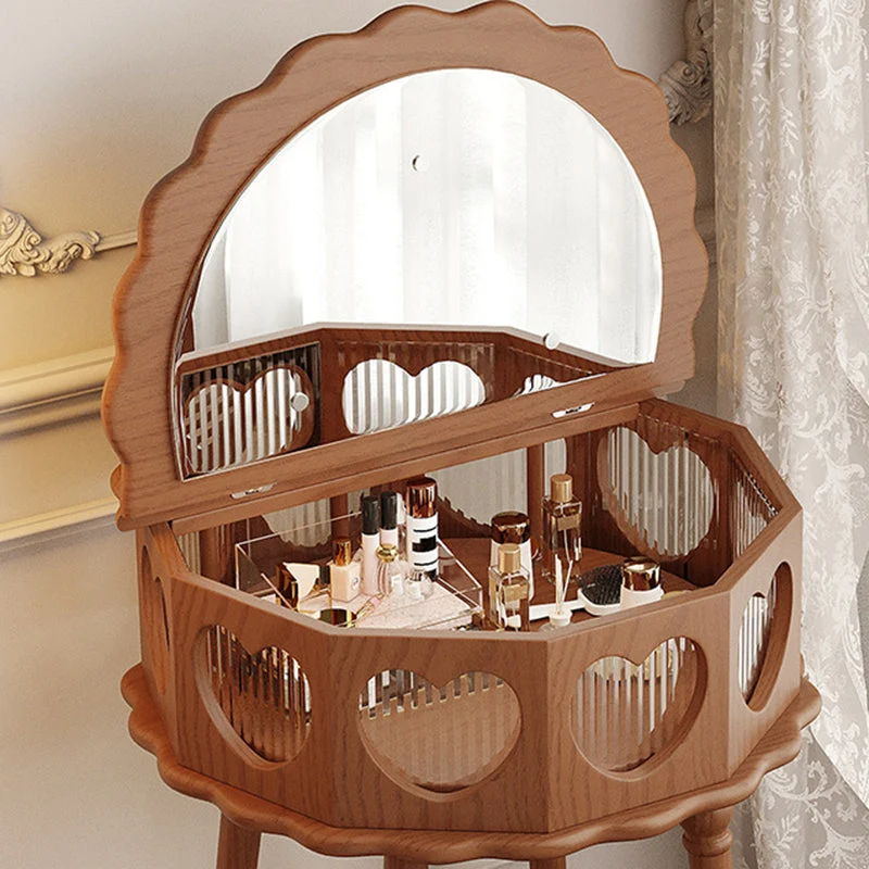 Traditional Vintage Flower Round Rubberwood Glass Plywood Makeup Vanity 1-Storage For Bedroom