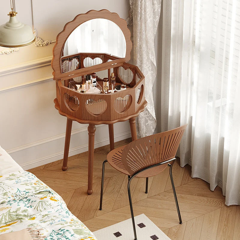 Traditional Vintage Flower Round Rubberwood Glass Plywood Makeup Vanity 1-Storage For Bedroom