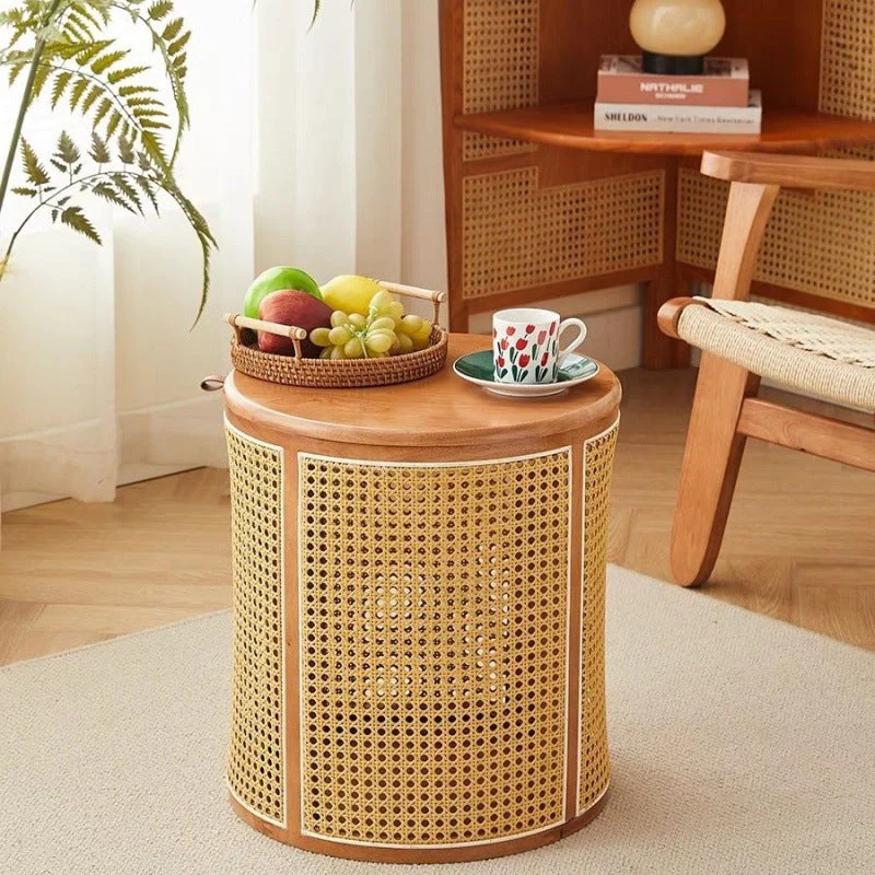 Traditional Japanese Cylinder Rubberwood Plastic Rattan End Table 1-Storage For Living Room