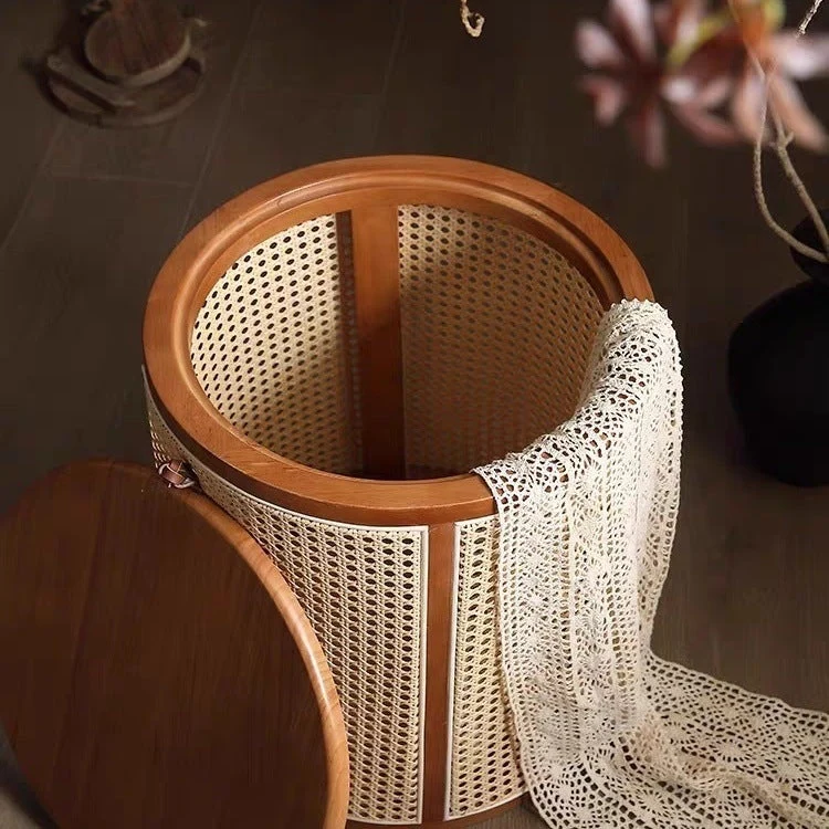 Traditional Japanese Cylinder Rubberwood Plastic Rattan End Table 1-Storage For Living Room