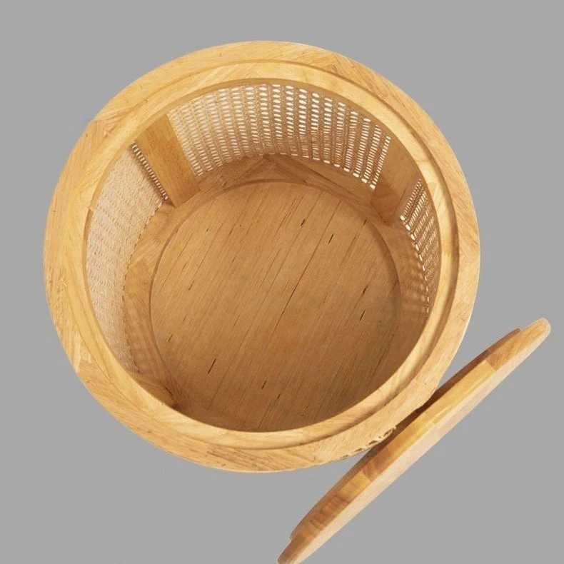 Traditional Japanese Cylinder Rubberwood Plastic Rattan End Table 1-Storage For Living Room