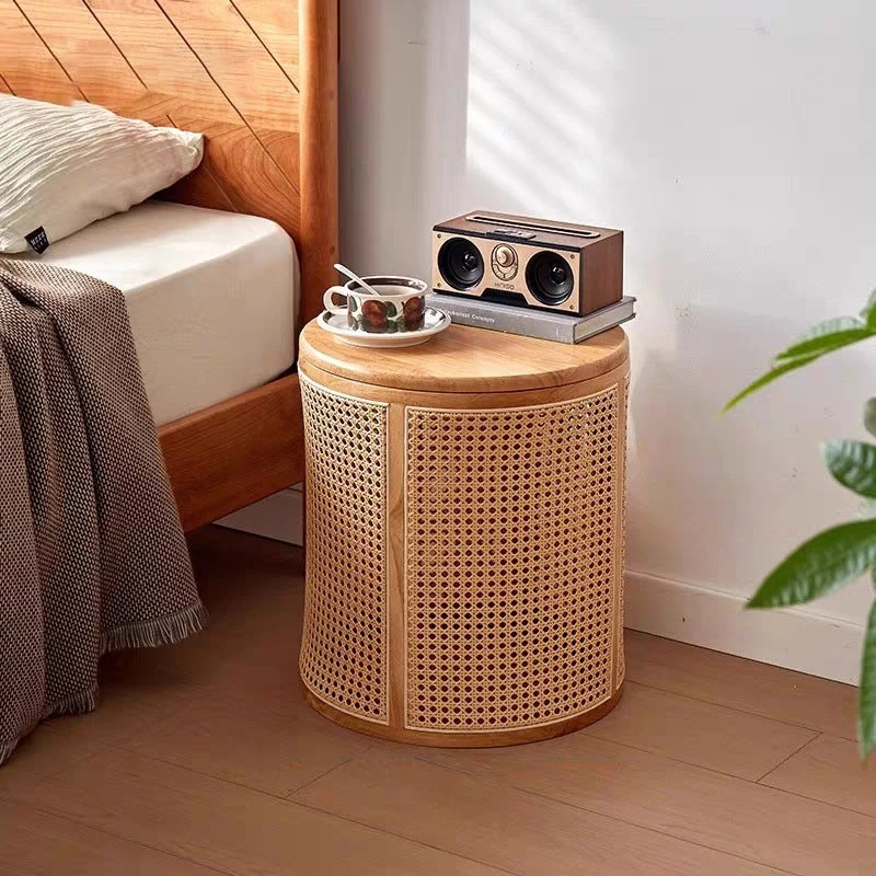 Traditional Japanese Cylinder Rubberwood Plastic Rattan End Table 1-Storage For Living Room