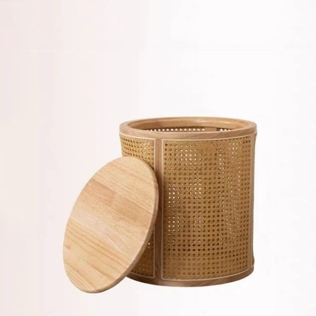 Traditional Japanese Cylinder Rubberwood Plastic Rattan End Table 1-Storage For Living Room