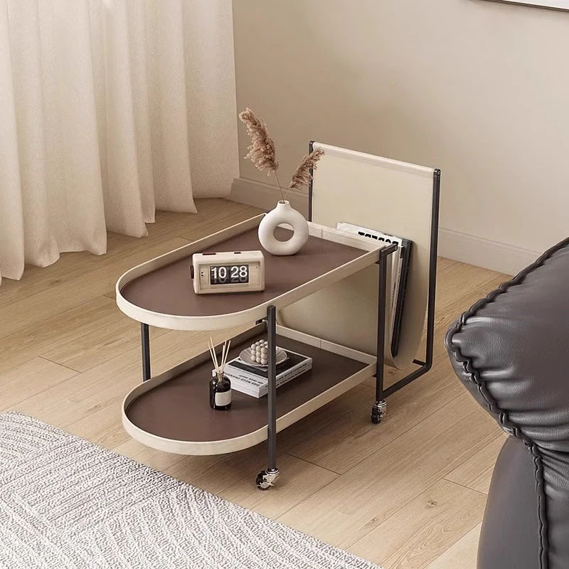 Modern Minimalist Elliptical Carbon Steel Saddle-Style Faux Leather Stainless Steel Shelves Side Table 2-Tier Movable For Living Room