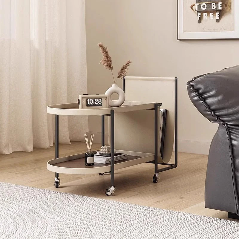 Modern Minimalist Elliptical Carbon Steel Saddle-Style Faux Leather Stainless Steel Shelves Side Table 2-Tier Movable For Living Room
