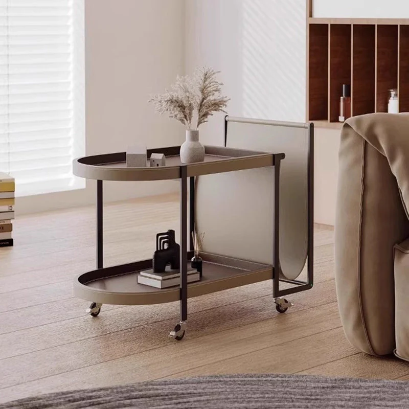 Modern Minimalist Elliptical Carbon Steel Saddle-Style Faux Leather Stainless Steel Shelves Side Table 2-Tier Movable For Living Room