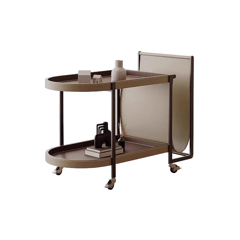 Modern Minimalist Elliptical Carbon Steel Saddle-Style Faux Leather Stainless Steel Shelves Side Table 2-Tier Movable For Living Room