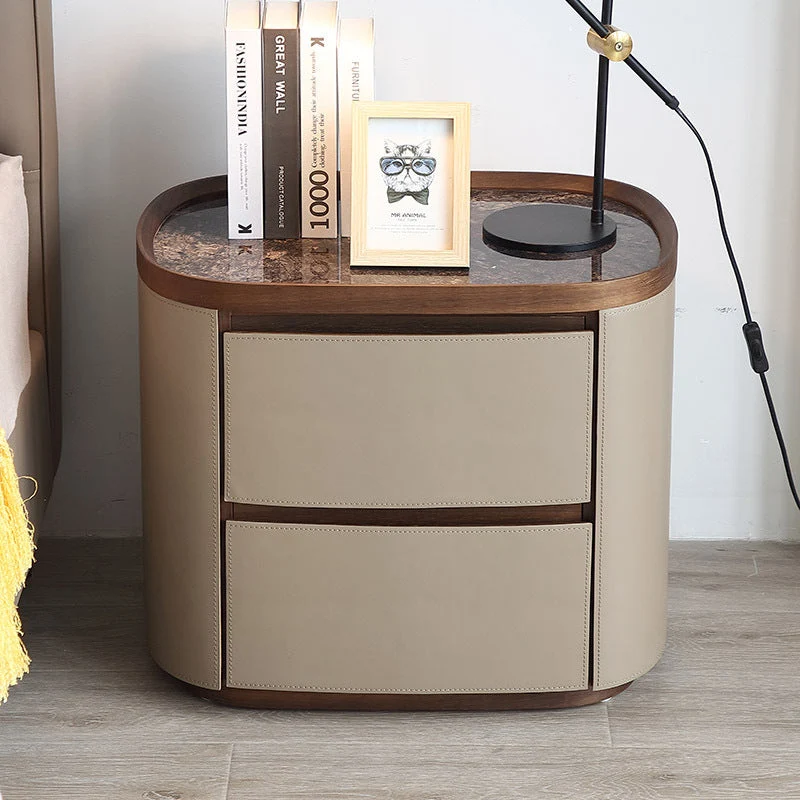 Modern Minimalist Elliptical Slate Saddle-Style Faux Leather Walnut Velvet Nightstand 2-Drawer For Bedside