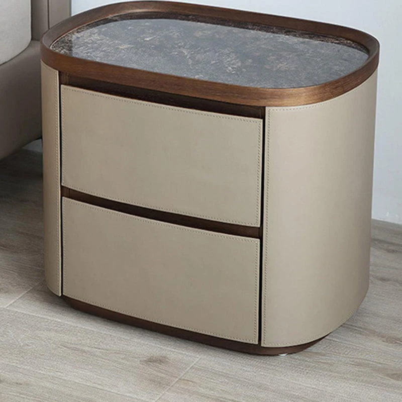 Modern Minimalist Elliptical Slate Saddle-Style Faux Leather Walnut Velvet Nightstand 2-Drawer For Bedside