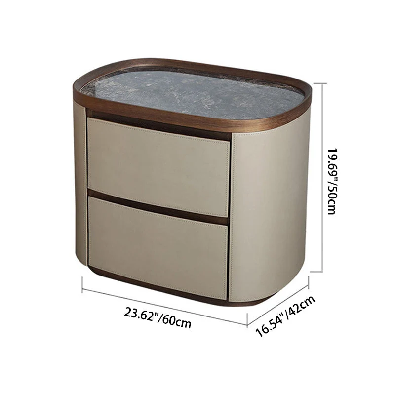 Modern Minimalist Elliptical Slate Saddle-Style Faux Leather Walnut Velvet Nightstand 2-Drawer For Bedside
