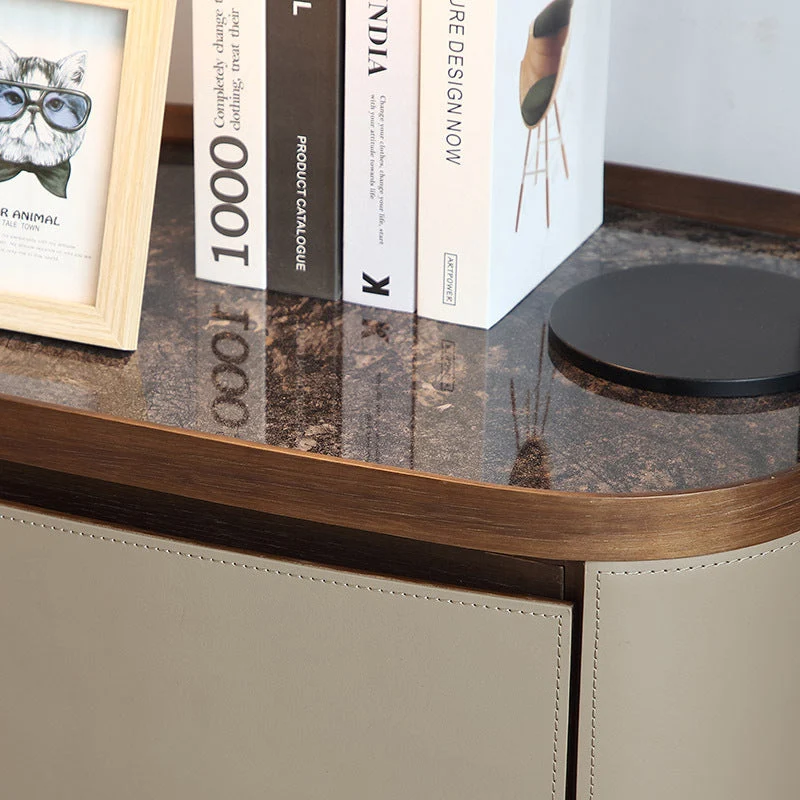 Modern Minimalist Elliptical Slate Saddle-Style Faux Leather Walnut Velvet Nightstand 2-Drawer For Bedside