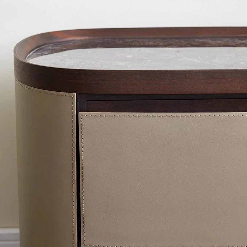 Modern Minimalist Elliptical Slate Saddle-Style Faux Leather Walnut Velvet Nightstand 2-Drawer For Bedside