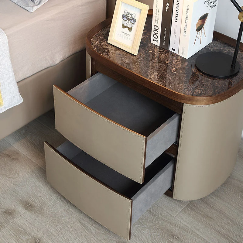 Modern Minimalist Elliptical Slate Saddle-Style Faux Leather Walnut Velvet Nightstand 2-Drawer For Bedside