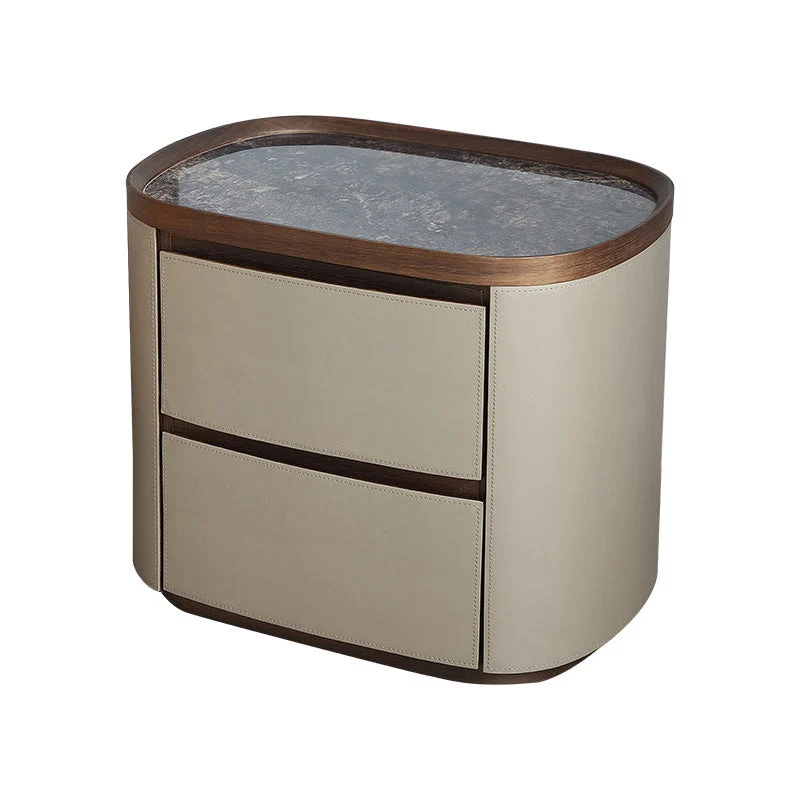 Modern Minimalist Elliptical Slate Saddle-Style Faux Leather Walnut Velvet Nightstand 2-Drawer For Bedside