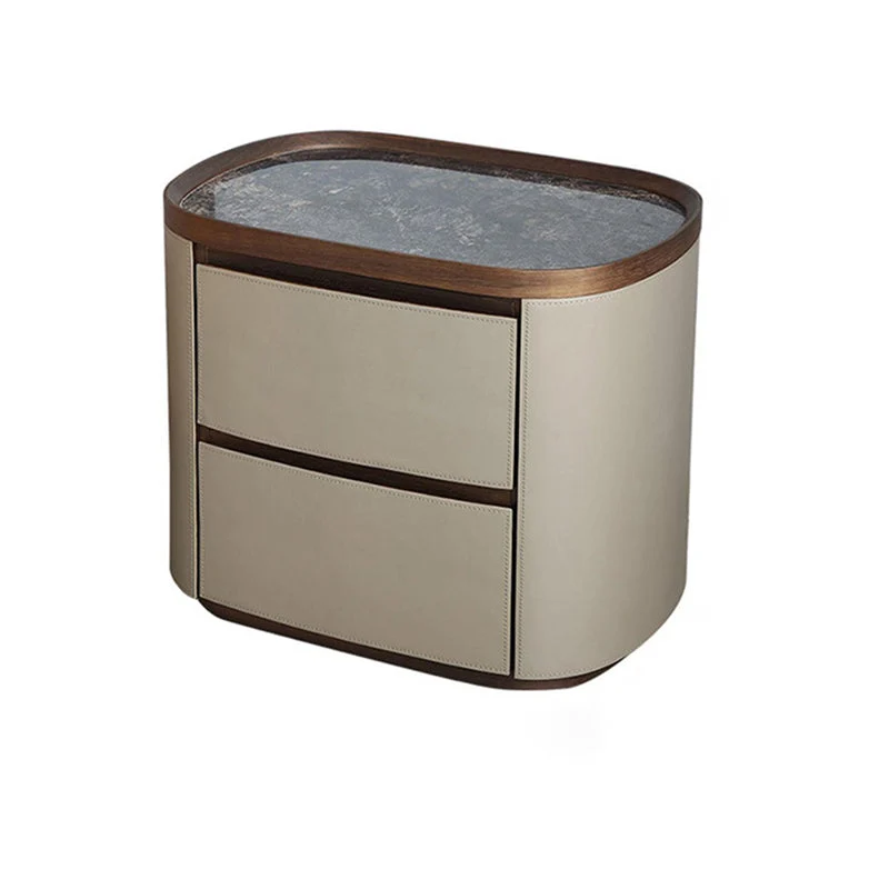 Modern Minimalist Elliptical Slate Saddle-Style Faux Leather Walnut Velvet Nightstand 2-Drawer For Bedside