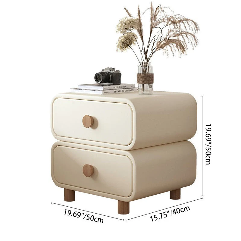 Contemporary Scandinavian Square Tabletop MDF Solid Wood Faux Leather Stainless Steel Nightstand 2-Drawer For Bedroom