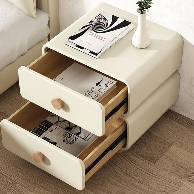 Contemporary Scandinavian Square Tabletop MDF Solid Wood Faux Leather Stainless Steel Nightstand 2-Drawer For Bedroom