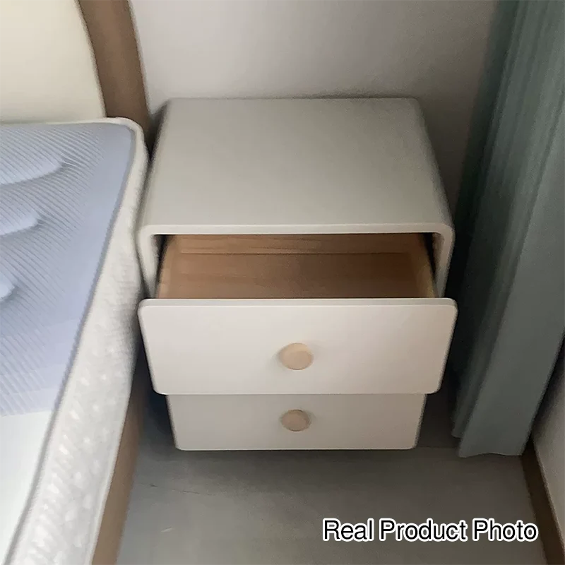 Contemporary Scandinavian Square Tabletop MDF Solid Wood Faux Leather Stainless Steel Nightstand 2-Drawer For Bedroom