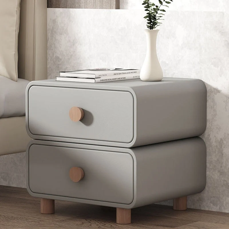 Contemporary Scandinavian Square Tabletop MDF Solid Wood Faux Leather Stainless Steel Nightstand 2-Drawer For Bedroom