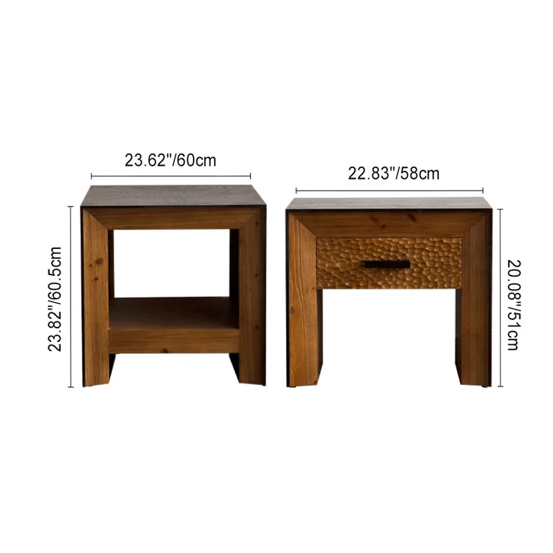Traditional Vintage Square Frame Fir Wood MDF Veneer Side Table 1-Shelf For Living Room