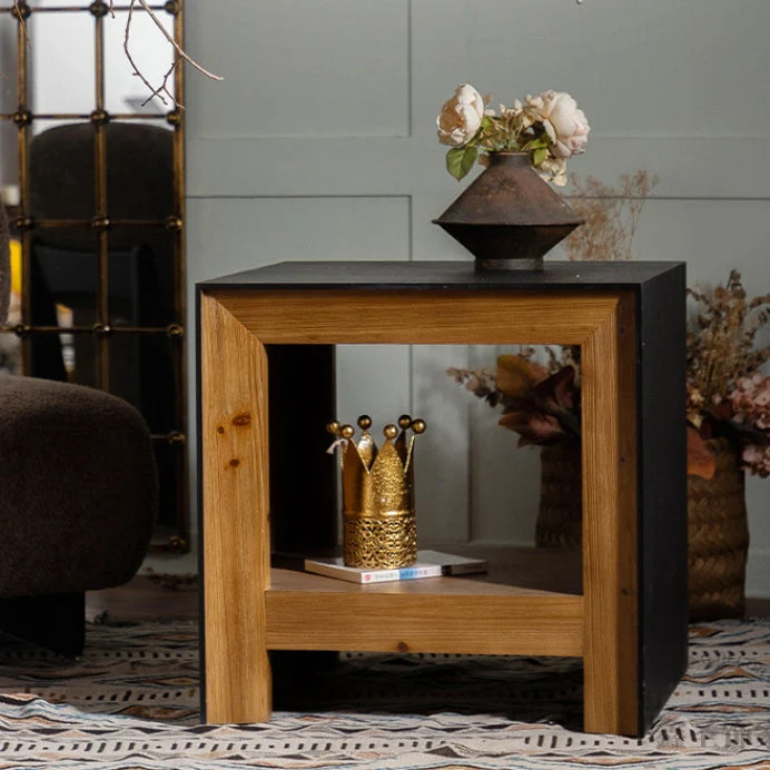 Traditional Vintage Square Frame Fir Wood MDF Veneer Side Table 1-Shelf For Living Room