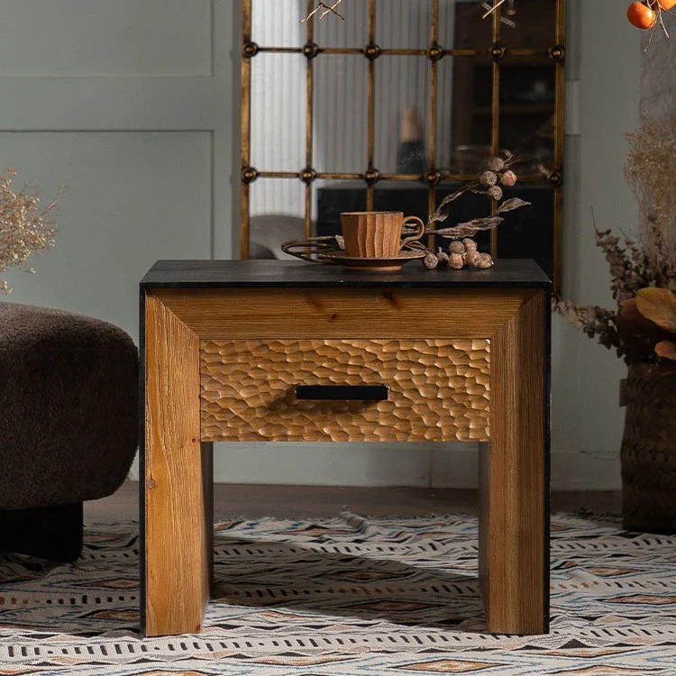 Traditional Vintage Square Frame Fir Wood MDF Veneer Side Table 1-Shelf For Living Room