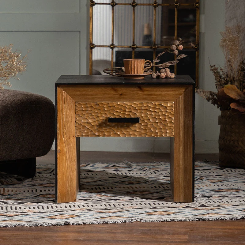 Traditional Vintage Square Frame Fir Wood MDF Veneer Side Table 1-Shelf For Living Room