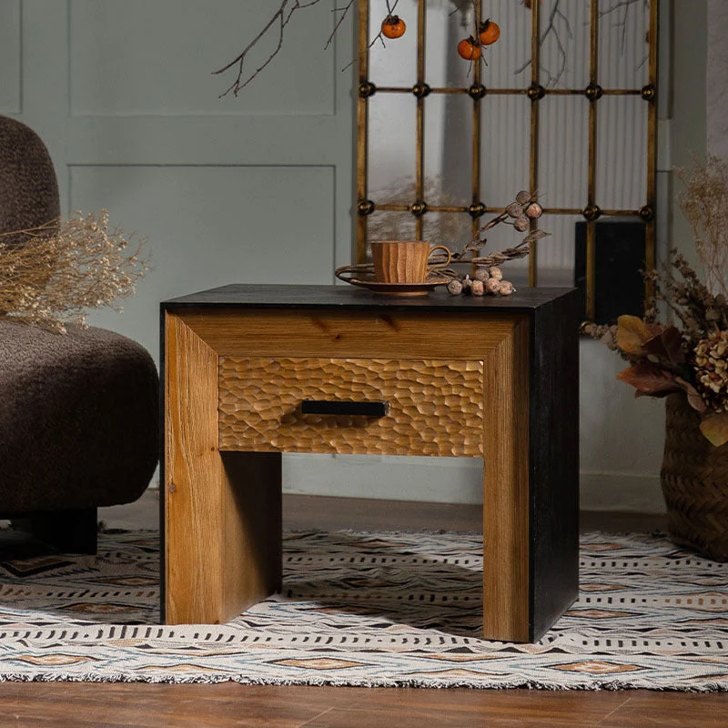 Traditional Vintage Square Frame Fir Wood MDF Veneer Side Table 1-Shelf For Living Room