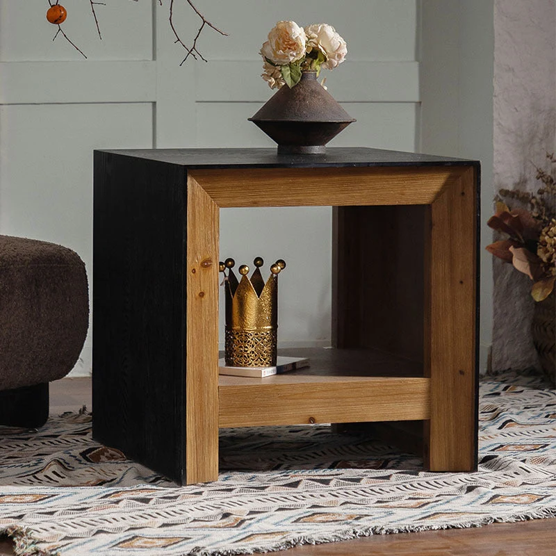 Traditional Vintage Square Frame Fir Wood MDF Veneer Side Table 1-Shelf For Living Room