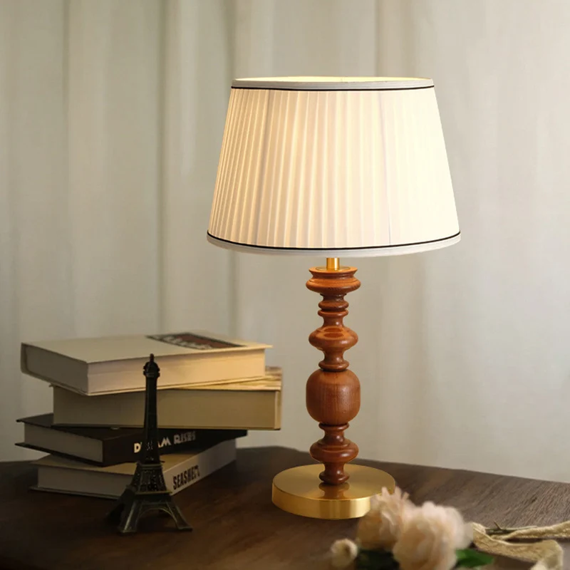 Traditional French Umbrella Shape Fabric Lampshade Solid Wood Base Hardware 1 - Light Table Lamp For Living Room