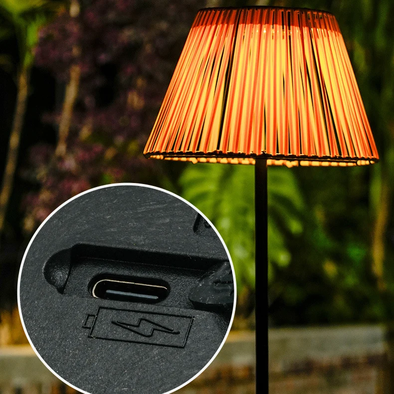 Traditional Japanese Solar Rechargeable Waterproof Conic Weaving Iron ABS LED Outdoor Standing Floor Lamp For Garden