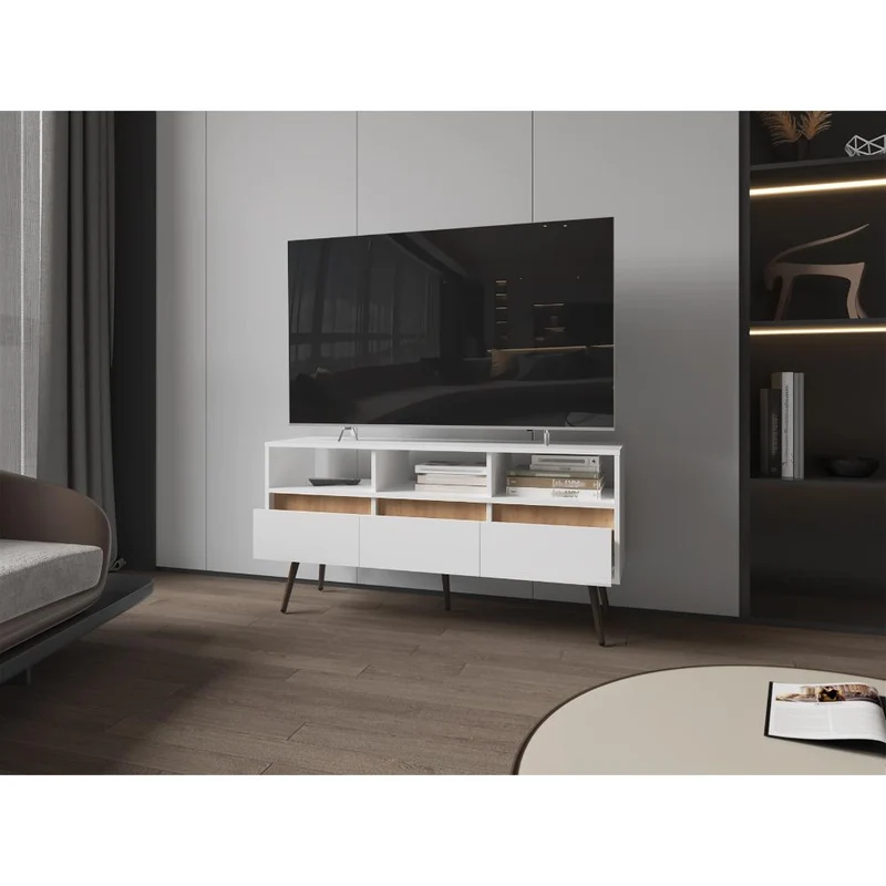 Mesa para TV Aranez, Blanco y Fresno Europeo, para TV Máximo 50" ZF