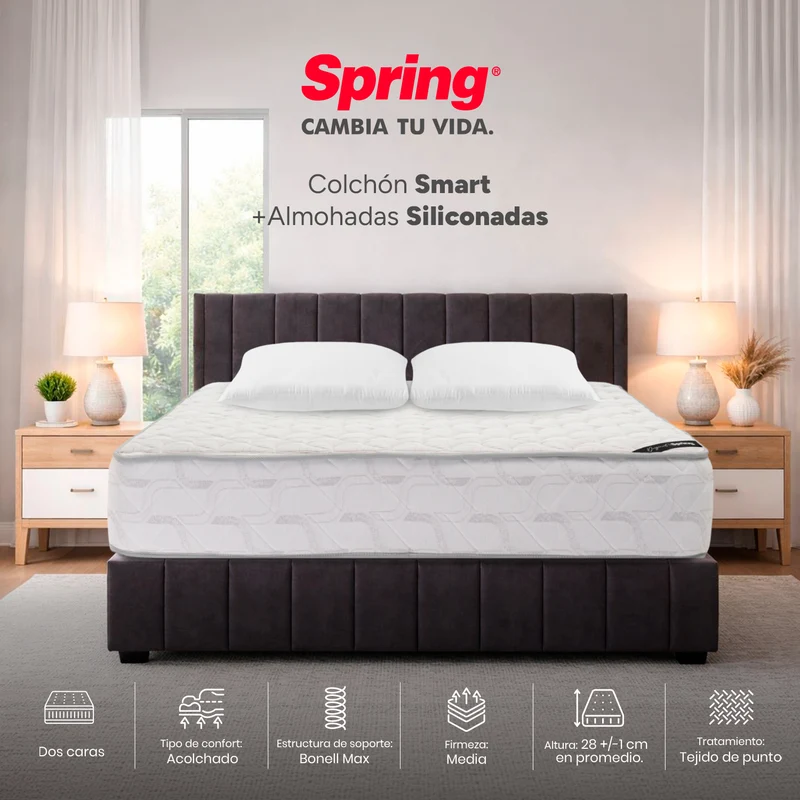 Colchón Spring Smart 140X190 Gratis Set Almohadas Siliconadas