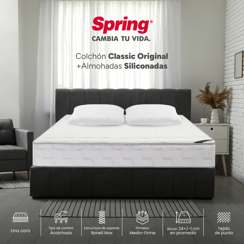 Combo Colchón Spring Classic Original Doble 140X190 cm + Set Almohada Siliconada