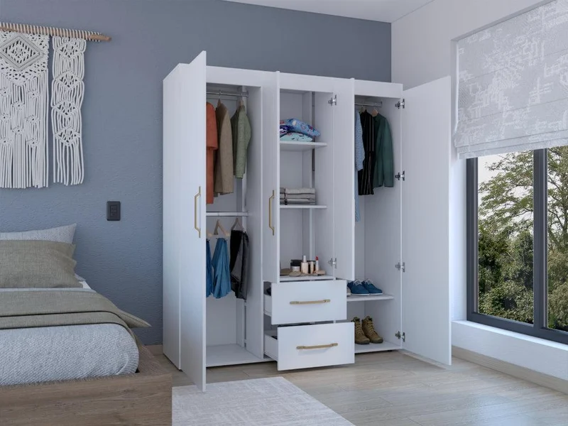 Clóset Bariloche Bombay Eco, Blanco Duqueza y Dorado, con Variedad de Entrepaños y Cuatro Puertas Abatibles ZF